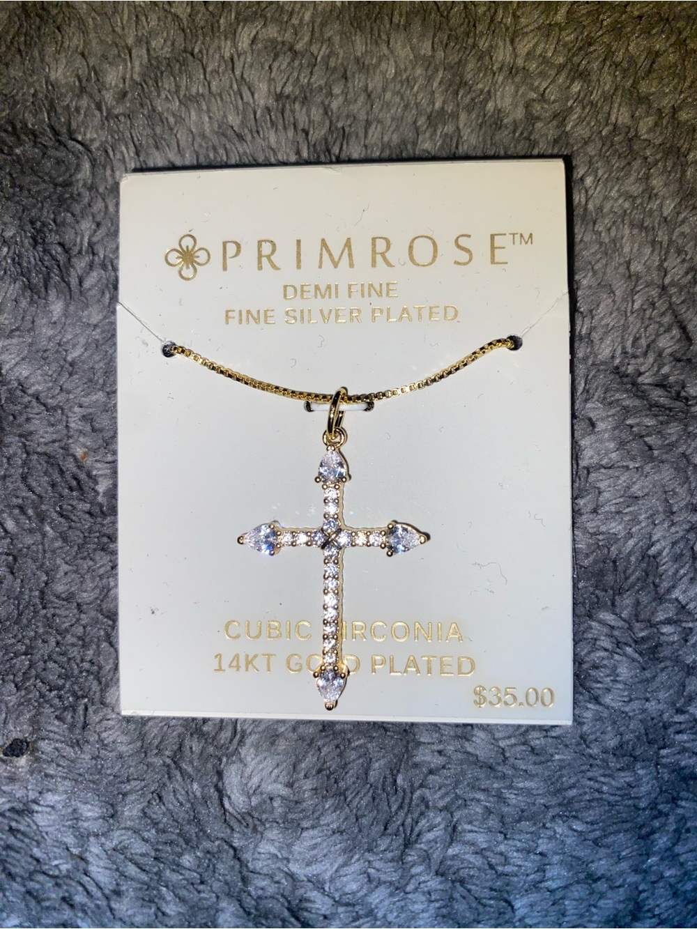 BNWT Primrose Demi-Fine Fine Silver 14Kt Gold Plated Cz Cross Necklace 18” $35